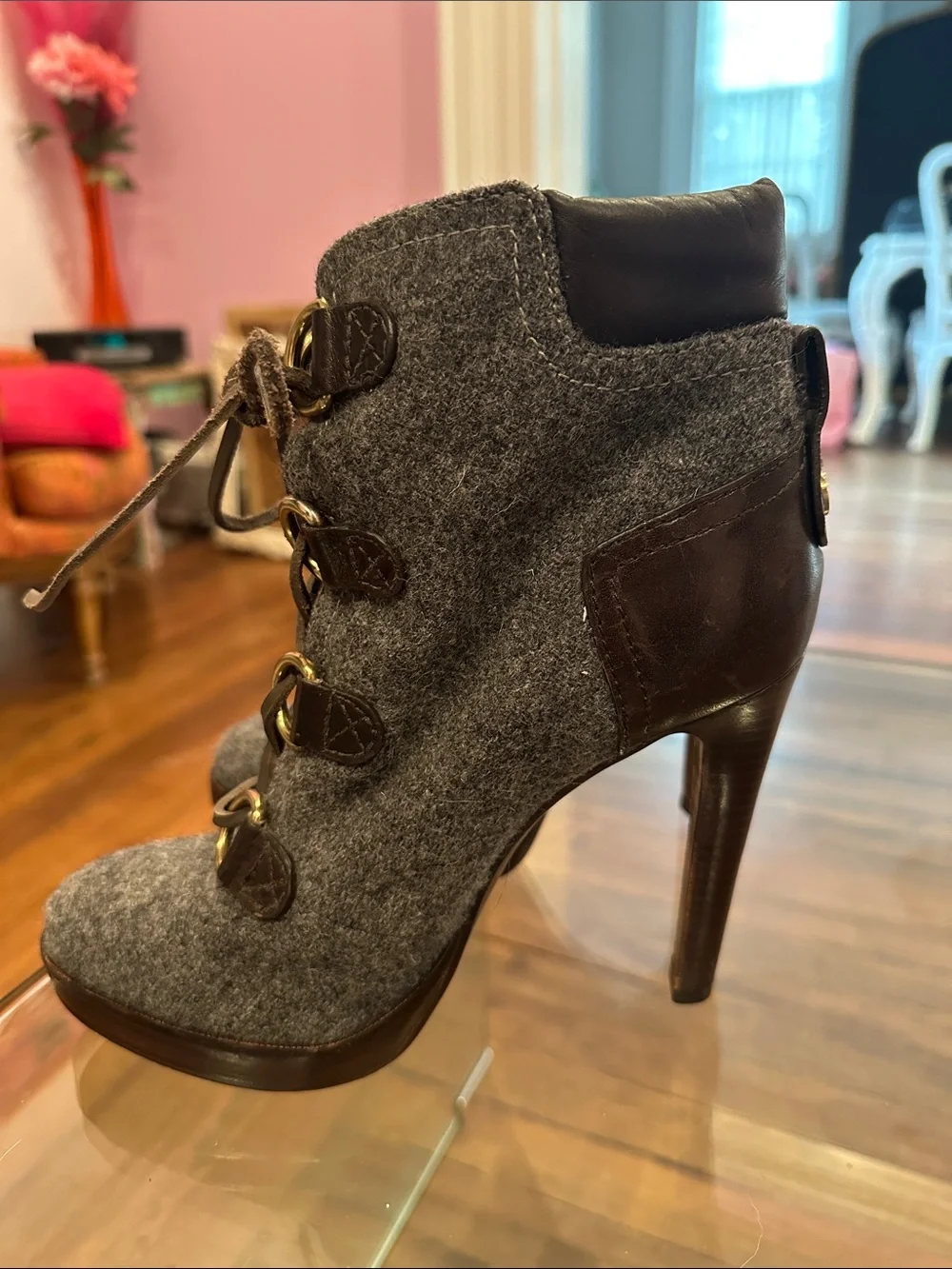 Tory Burch Lawson Dark Brown Leather & Gray Wool Lace-Up Stiletto Ankle Boots